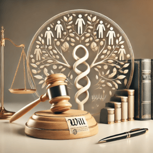 Legal document and miniature house representing inheritance law, estate planning, and probate services.