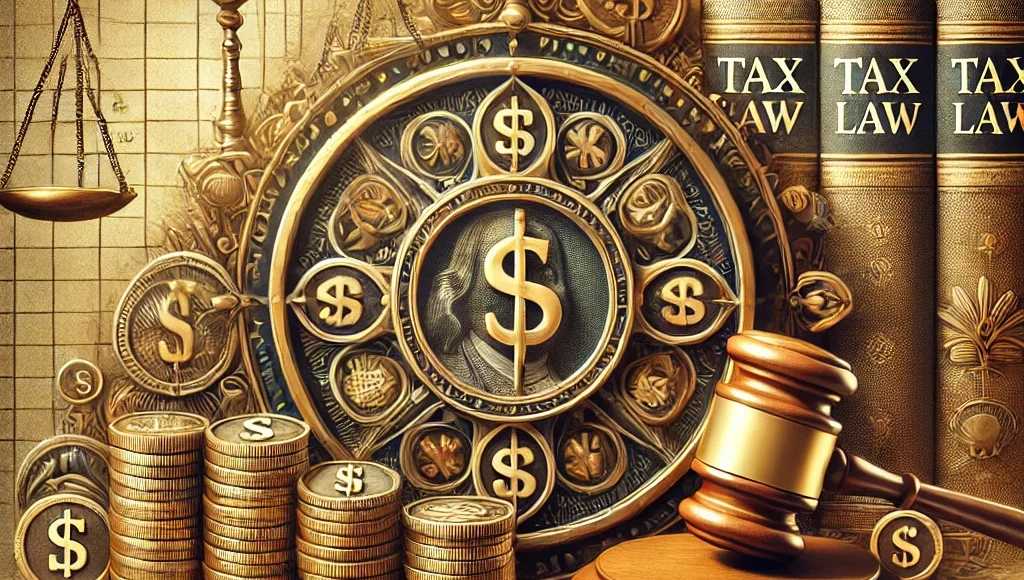 Lady Justice statue with a calculator and legal books representing tax law and financial litigation services.